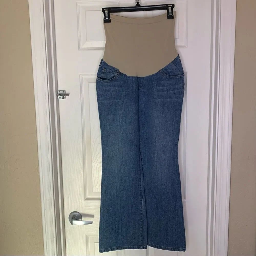 Indigo Blue Maternity Flare Leg Jeans Full Belly Panel Size Petite Small
